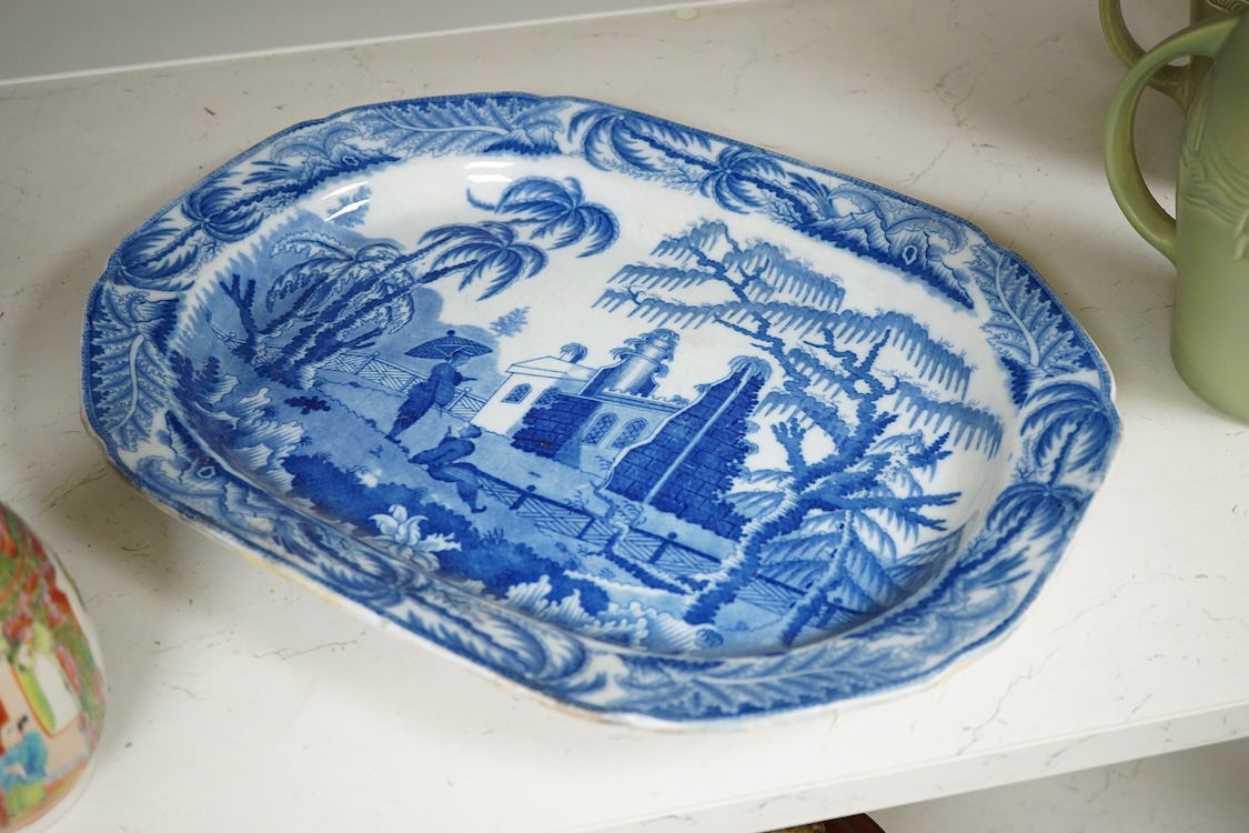 A Victorian blue and white pottery dish and two plates, one Wedgwood, largest 43cm
